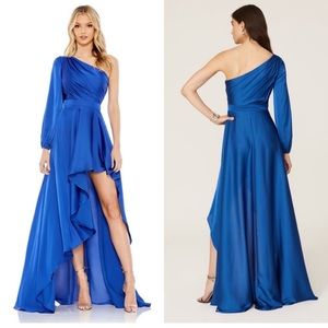 MAC DUGGAL One Shoulder Long Sleeve Cobalt
Pleated Satin High Low Formal Gown 14